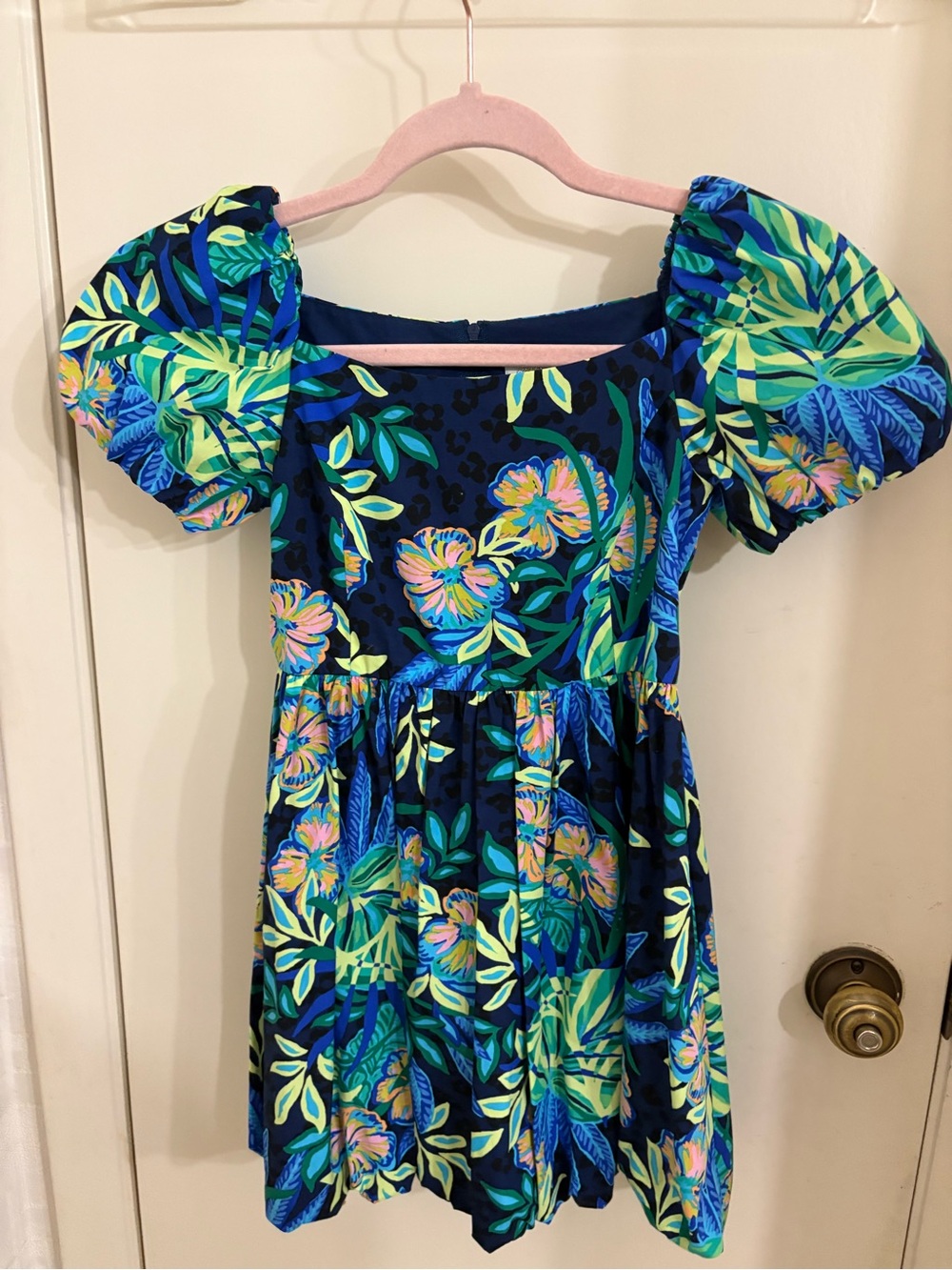 Lilly Pulitzer Girls Navy Blue Tropical Floral Puff Sleeve Dress